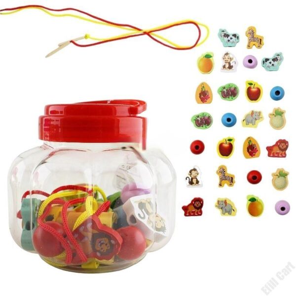 Wooden Lacing Beads, Fruit & Animal Educational Toy/Puzzle In Jar