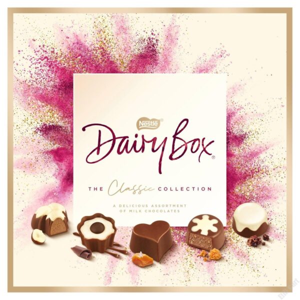 Dairy Box offers a delicious selection of milk chocolates. Select from 33 delicious milk chocolates in a variety of truffles and pralines: Vanilla Cup, NEW Salted Toffee, RE-CREATED Chocolate Velvet, Hazel Smooth, RE-CREATED Cookies & Crème, Caramel Heart, NEW Strawberry Kiss, RE-CREATED Orange Surprise Vanilla Cup- Soft vanilla with a fine crunch and a dark chocolate drop NEW Salted Toffee - Indulgent salted toffee in a crisp milk chocolate shell Hazel Smooth- Simply delicious hazelnut flavour praline RE-CREATED Cookies & Crème- A delightful cookie crumb centre, wrapped in milk chocolate Caramel Heart- Delicious caramel flavour centre encase in smooth milk chocolate RE-CREATED Chocolate Velvet- Luxurious velvety truffle with a drizzle of pure white chocolate top Orange Surprise- Delicate orange flavoured truffle blended with crispy pieces NEW Strawberry Surprise- Juicy strawberry flavour creme in a milk chocolate shell Perfect to enjoy with friends and family or perfect as a gift! Dairy Box is part of the Nestle Cocoa Plan, which works with UTZ to ensure a better future for cocoa farmers and even better chocolate for you. A delicious assortment of milk chocolates, Contains 33 delicious milk chocolates in a variety of truffles and pralines, Dairy Box contains no artificial colours, flavours or preservatives Country of Origin Spain