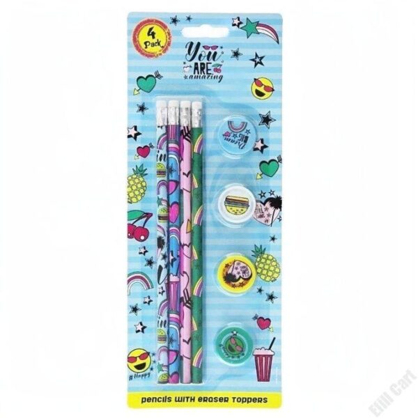 4 Pcs Pencils With Eraser Toppers - Assorted Designs
